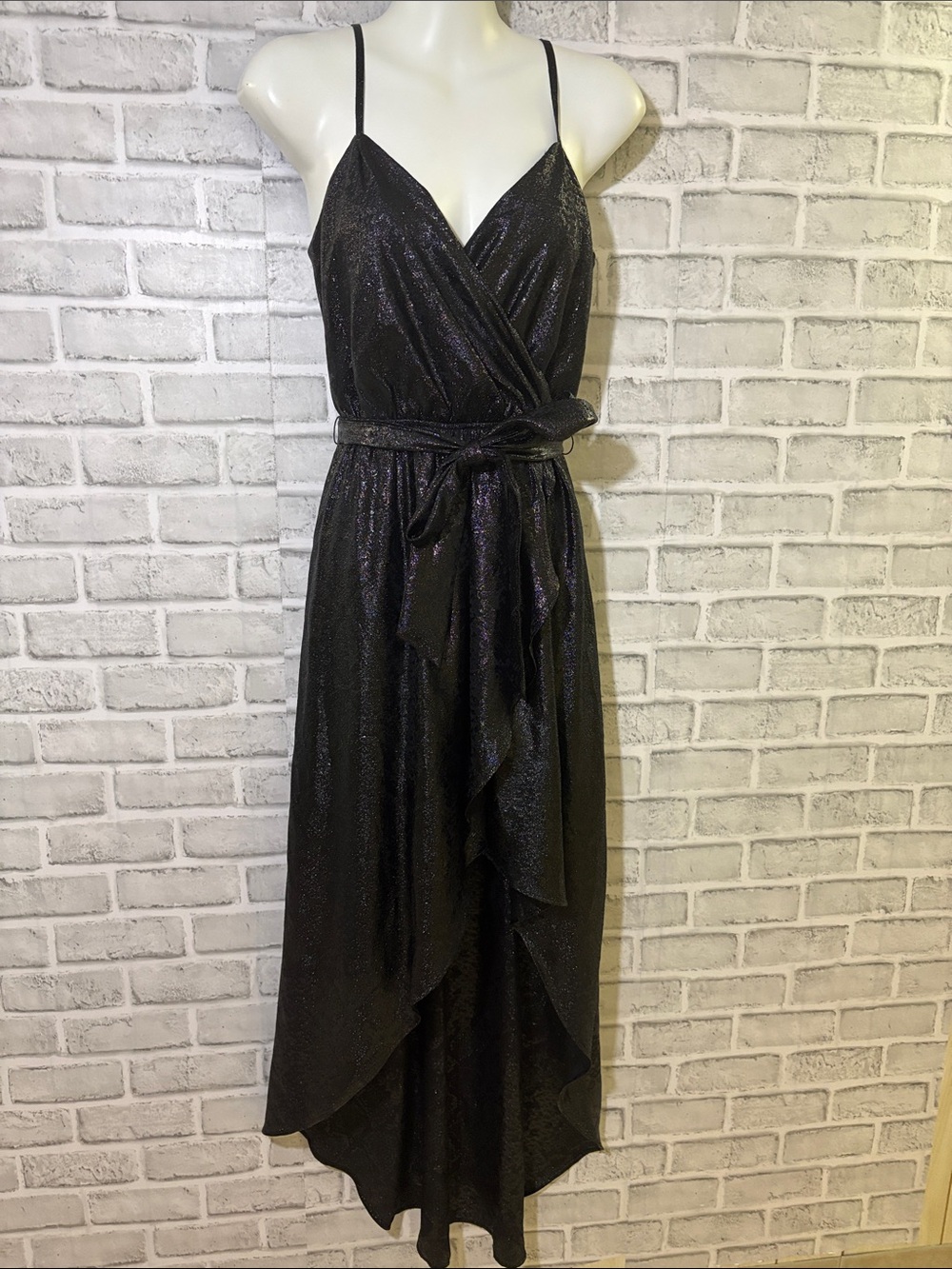 Express Black Shimmer High-Low Wrap Dress, XS